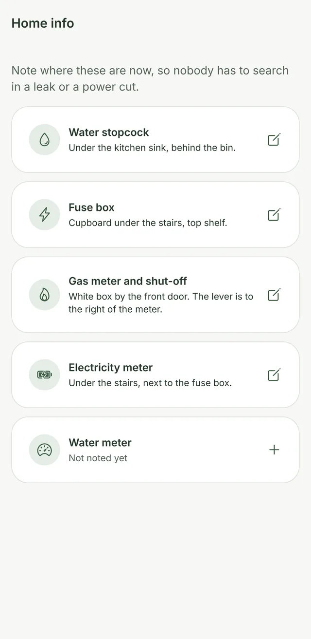 Home info: water stopcock under the kitchen sink, fuse box in the cupboard under the stairs, gas and electric meter locations.