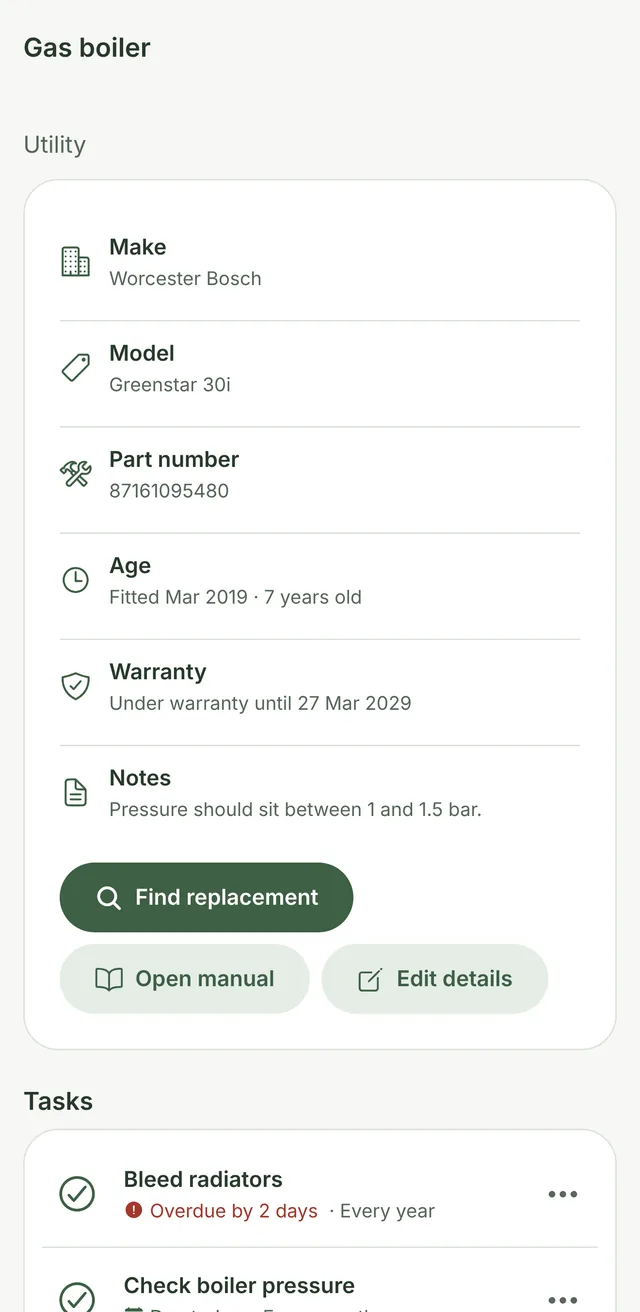 A gas boiler in Homesake: Worcester Bosch Greenstar 30i, its part number, fitted in March 2019 and under warranty until 2029.