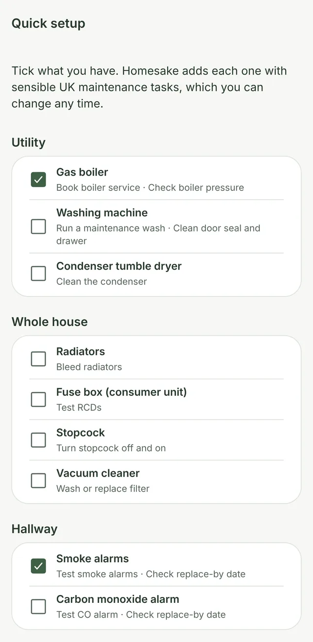 Quick setup: a checklist of things in your home, grouped by Utility, Whole house and Hallway, with suggested jobs under each.