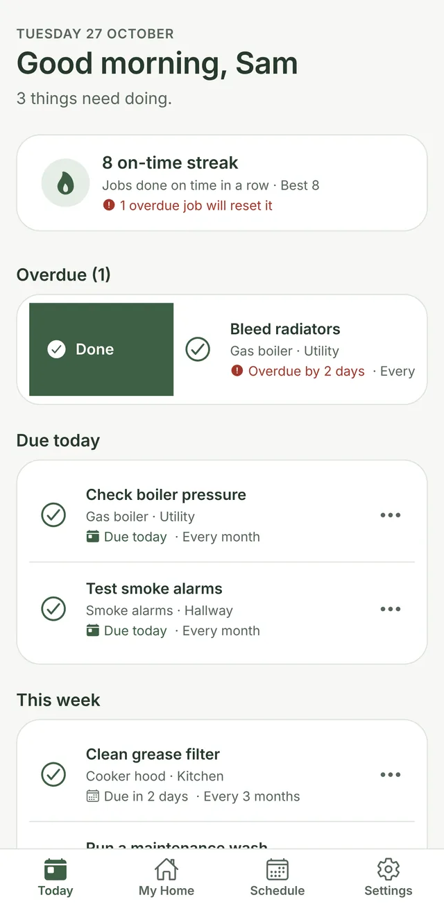 Swiping Bleed radiators to the right to mark it done.
