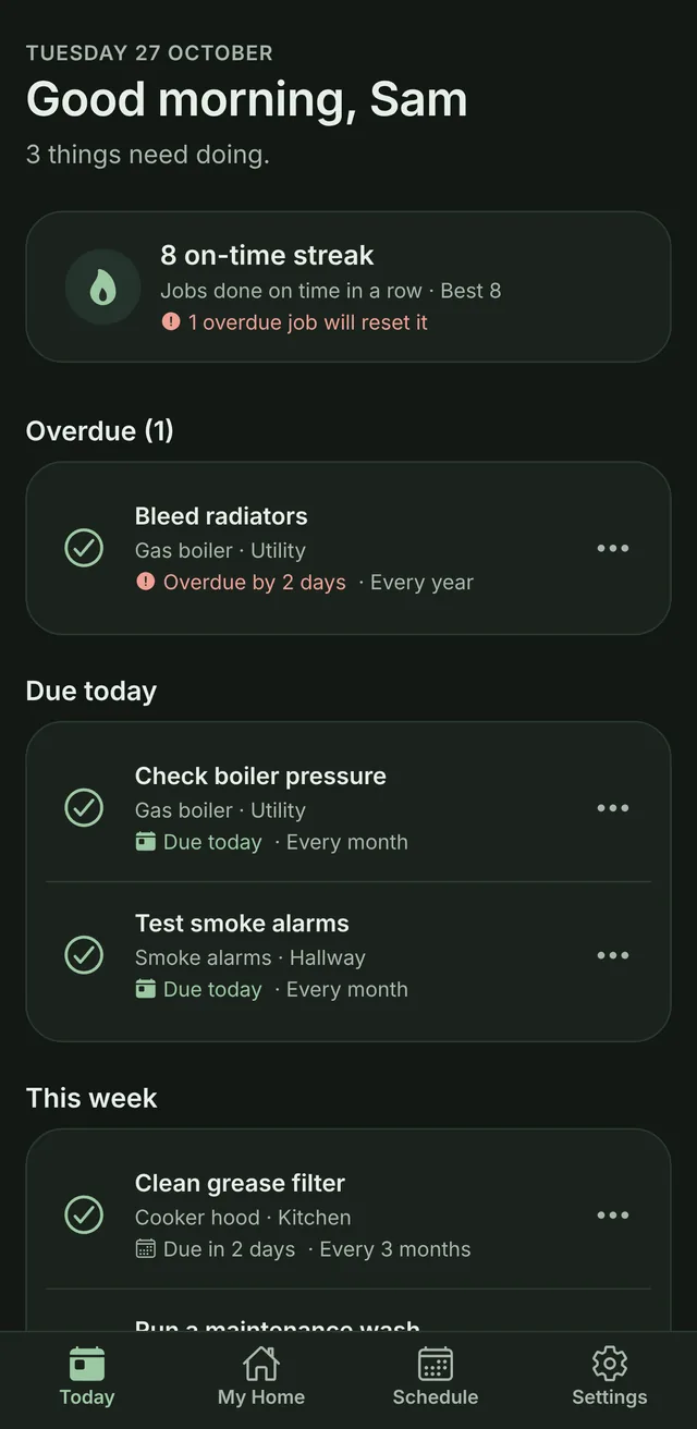 The Homesake Today screen in dark mode.